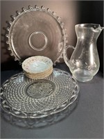 2 serving platters, Etched pitcher & 6 China plate