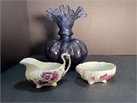 Pinched neck ruffled purple vase & Cream/Sugar set