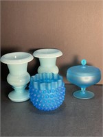 Blue Glass lot - Hobnail, candy dish & two vases