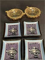 Tea bag glass plates & two gold personal ashtrays