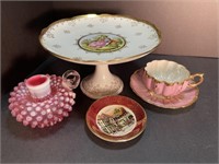 Hobnail candle holder, cake stand &  cup/saucer +