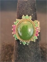 Sterling & jade ring w/Emerald & ruby accents