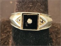 Sterling & black onyx ring w/diamond accents size