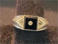 Sterling & black onyx ring w/black diamond