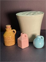 Pottery lot, cute little bottles & great frog vase