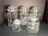 5 Glass Jar Canisters - 3 lg, 1 med & 1 sm
