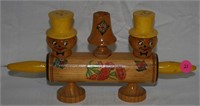 VTG WOOD ROLLING PIN S/P SHAKER, TOOTH PICK HOLDER