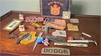 Cigar Box Of Pins, Patches, Etc.
