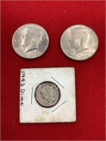 1943 Mercury Dime & 2 Kennedy Half Dollars