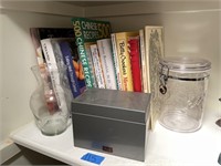 Cook books, Recipes & box, vase & plastic canister