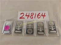 5 - 1 oz. .999 pure Silver Bars in plastic sleeve