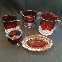 5 Pieces Antique Ruby Flash Glassware