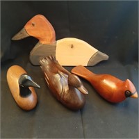 Four Piece Carved Wood Ducks and Cardinal