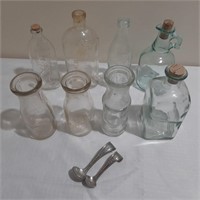 8 Vintage Glass Bottles & Cream Skimmers