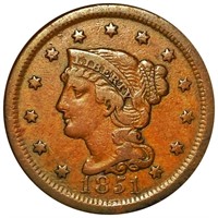1851 Braided Hair Large Cent LIGHTLY CIRCULATED