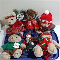 Tote with Stuffed Christmas Bears and Snowman