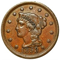 1853 Braided Hair Large Cent CLOSELY UNC