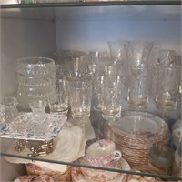 Large Shelf of 50+ Glass and Crystal Pieces