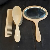 Vtg French Ivory Brush Comb and Mirror Set