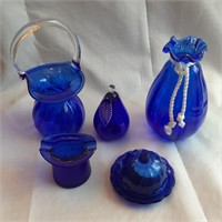 Lot of 5 Cobalt Blue Glass Decor Items