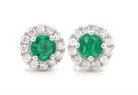 Emerald and diamond set 18ct white gold stud