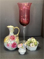 Cranberry candle stem, cruet & two english flowers