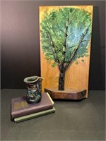 3D art tree, signed pottery creamer & eastern star