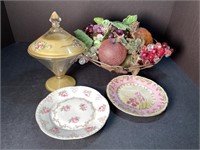 Glass fruit, saucers & gillded candy dish