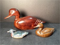 Heavy wood carved duck, med duck & sm duck