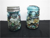 Pair of Blue Ball Jars filled With Antique Buttons