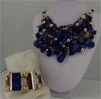 Chico's Blue Beaded Bib Necklace & Bracelet