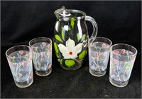 HAND PAINTED PITCHER & 4 VINTAGE GLASSES