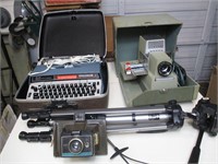 VINTAGE TYPEWRITER, PROJECTOR, CAMERA AND STAND