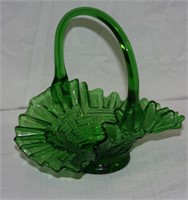 UNMARKED GREEN GLASS BASKET W/CRIMPED EDGE