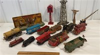Box of vintage metal toy trains, Fire truck,