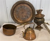 4 piece copper - coffee urn, teapot, sauce pan