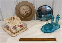 Mirror, vanity tray, cheese dish and Washington