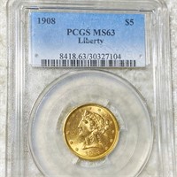 1908 $5 Gold Half Eagle PCGS - MS63