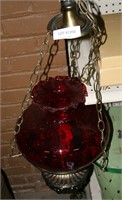 VINTAGE HANGING LIGHT W/RED GLASS SHADE