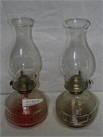 2 MATCHING CLEAR GLASS OIL LAMPS W/CHIMNEY - 2 X