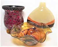 Art Glass Pier 1 Vase & Ruffle Rim Bowl