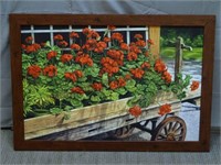 Framed Geraniums on Wagon Print on Canvas Board