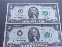 2 Two Dollar bills consecutive serial numbers