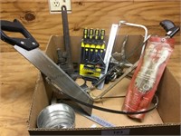 Box lot tools- miter saw,pipe wrench ,hacksaw and