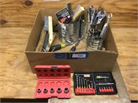 Box lot-tools-wrenches,wire brushes, drill bit