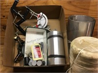 Box lot- clamps, wood glue, string, flashing and