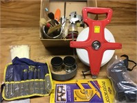 Box lot- tape measure, cutting goggles,hex key
