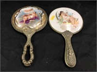 2 Early Porcelain Silver Plated Vanity Mirrors