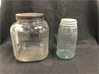 Glass Canister and Blue Mason Jar