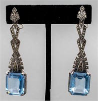 Silver Blue Topaz & Marcasite Drop Earrings